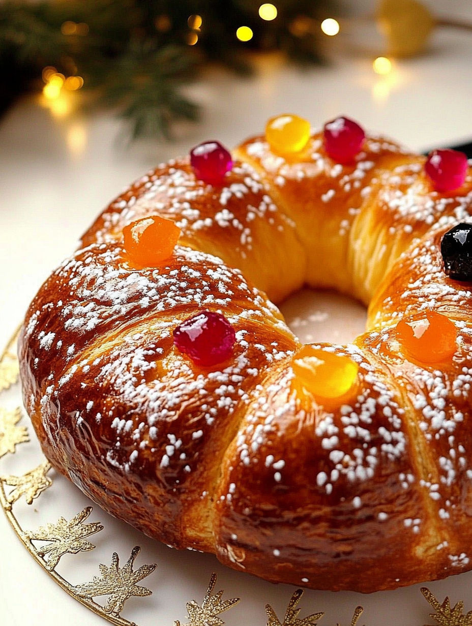 A pastry with a hole in the center and a sprinkle of fruit on top.