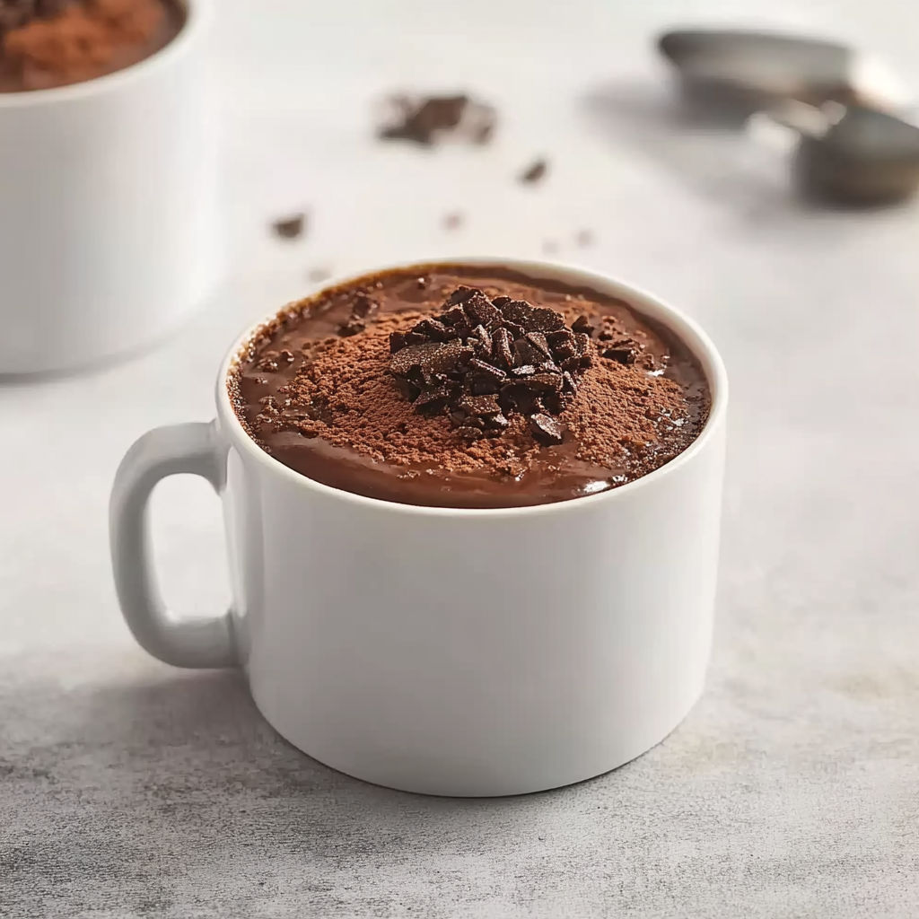 A cup of chocolate cake with chocolate chips on top.