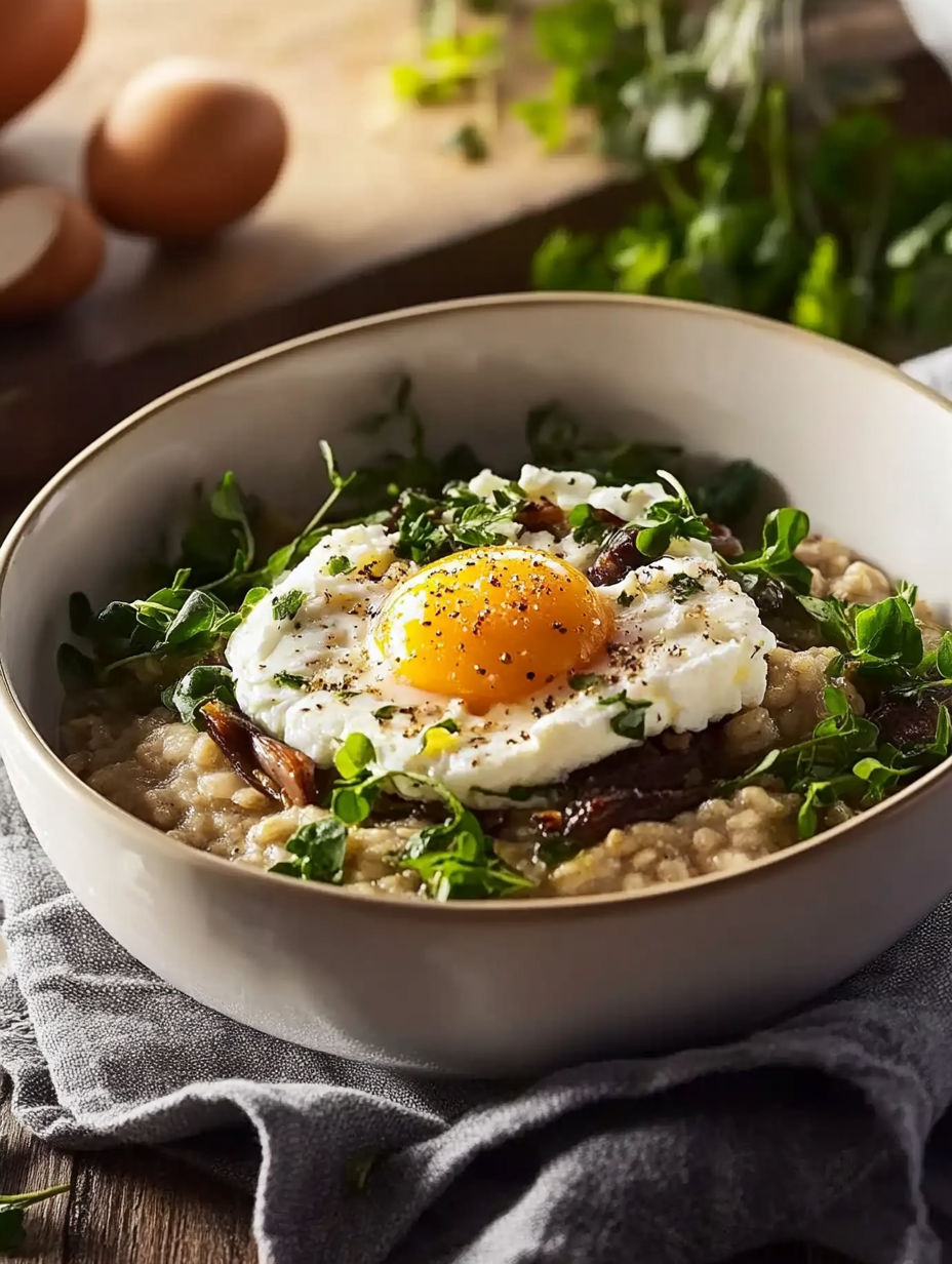 A bowl of food with a fried egg on top.