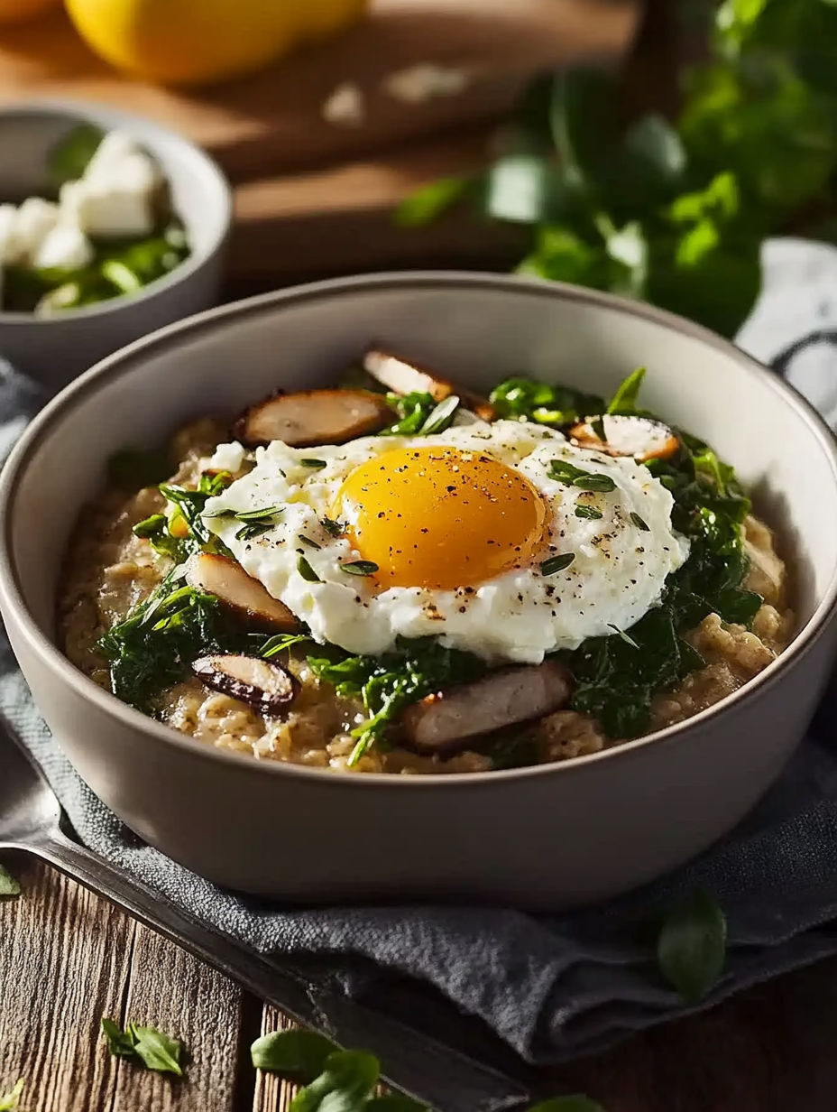A bowl of porridge with feta cheese and an egg on top.