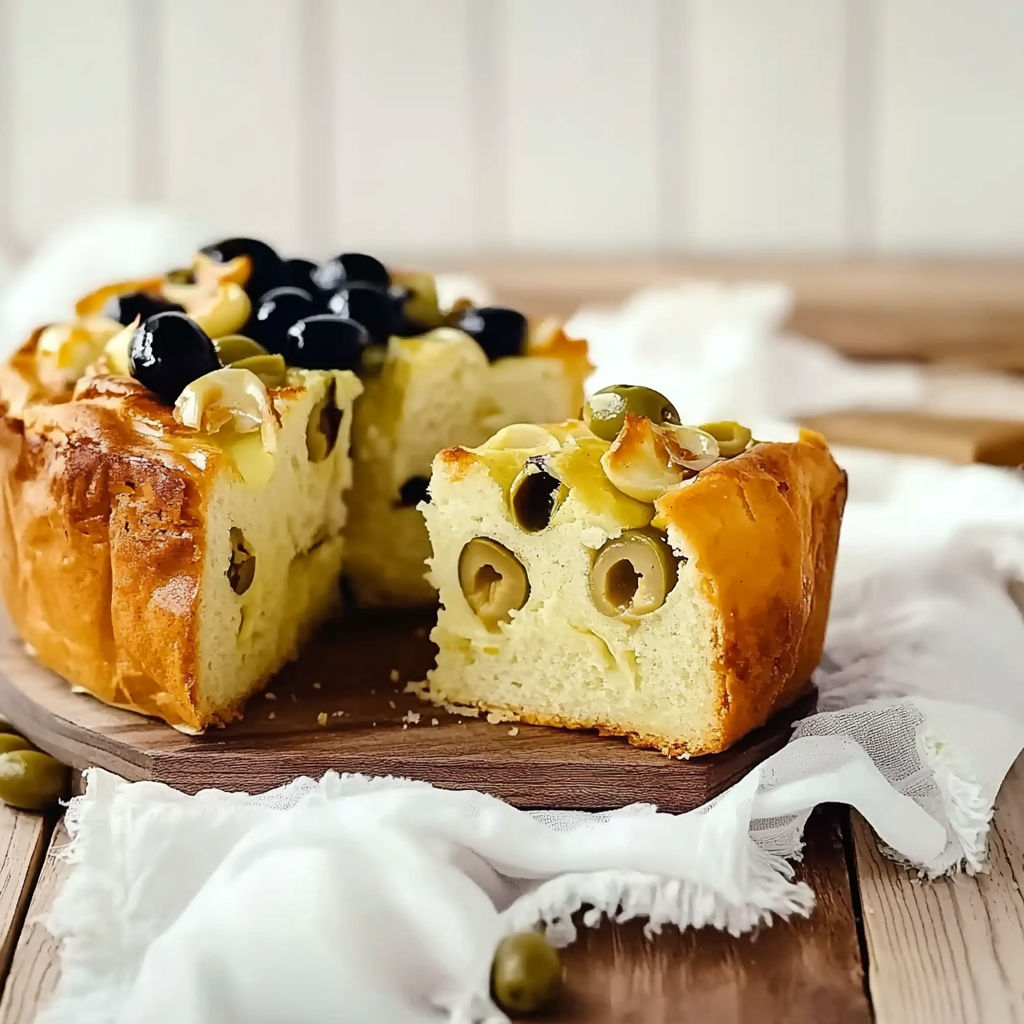A slice of cake with olives on top.