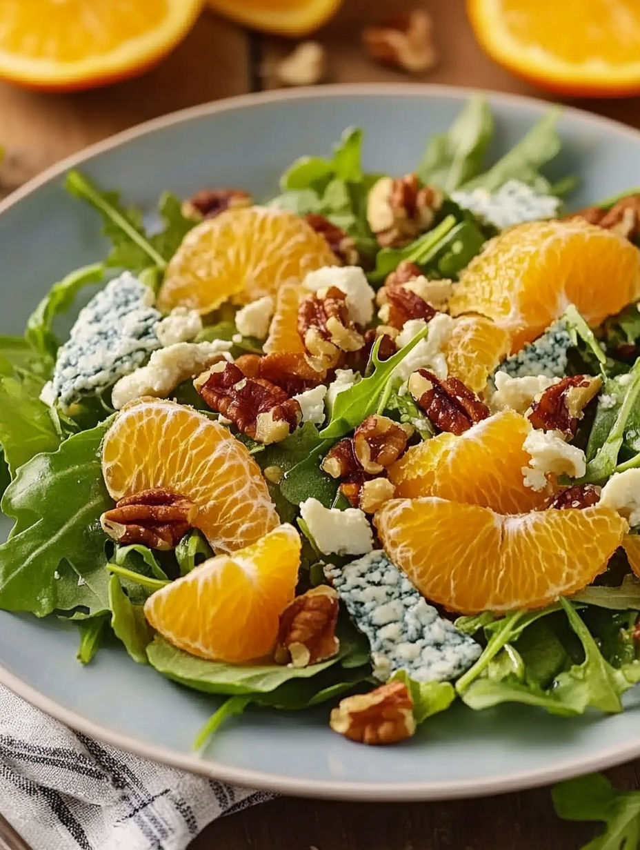 A salad with oranges, nuts, and blue cheese.