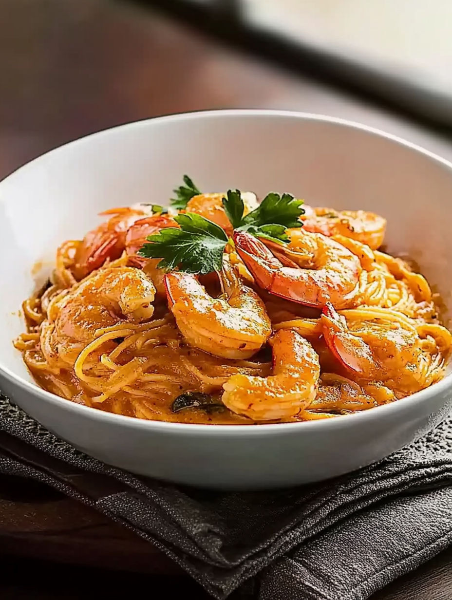 A bowl of shrimp and pasta.