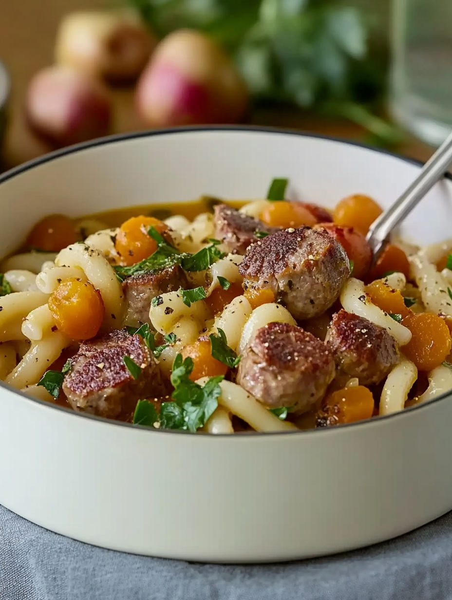 A bowl of pasta with meat and vegetables.