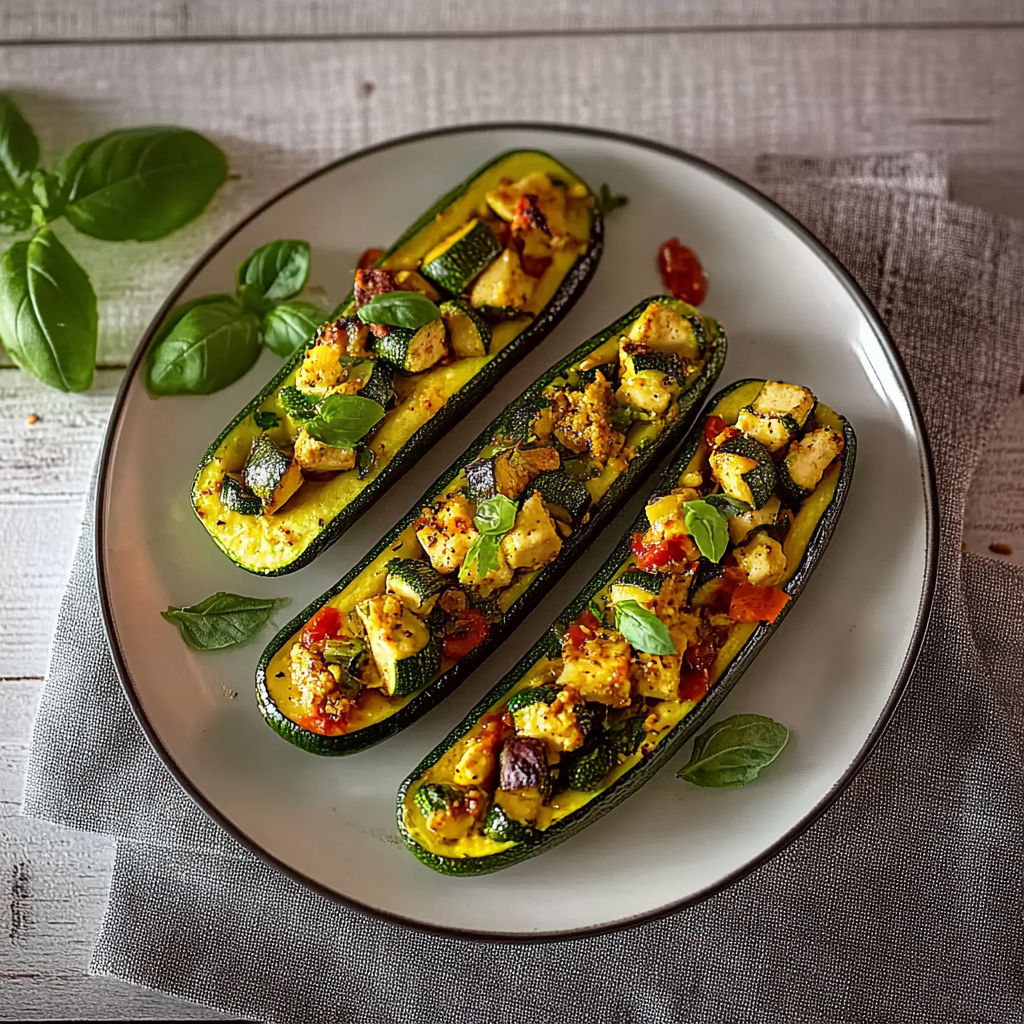 Two slices of zucchini with tomatoes and spinach.