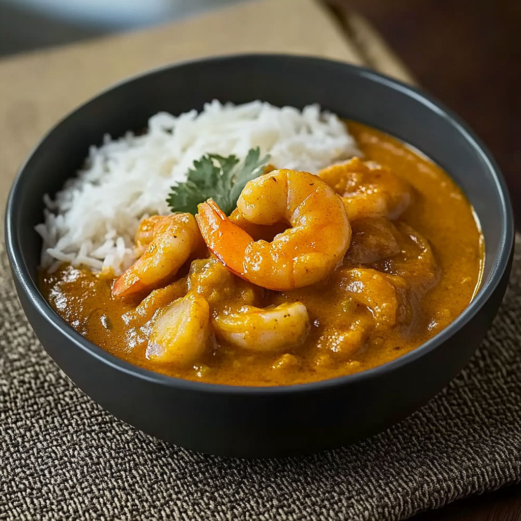 A bowl of shrimp curry with rice.