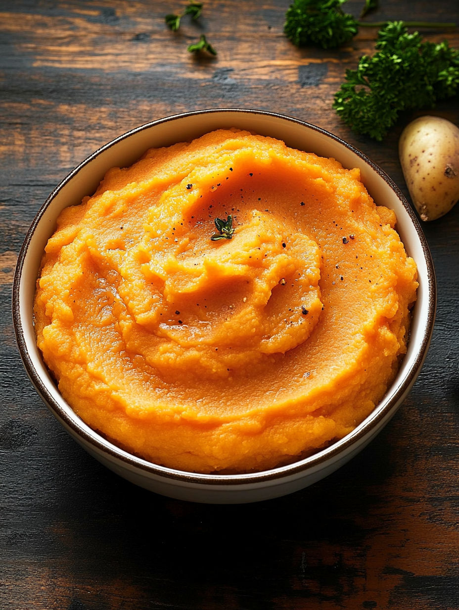 A bowl of mashed sweet potatoes.