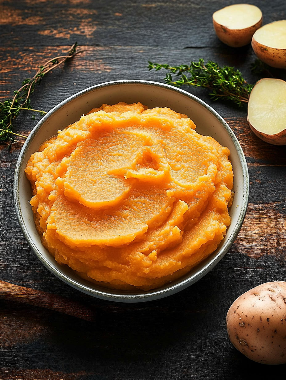 A bowl of mashed sweet potatoes.