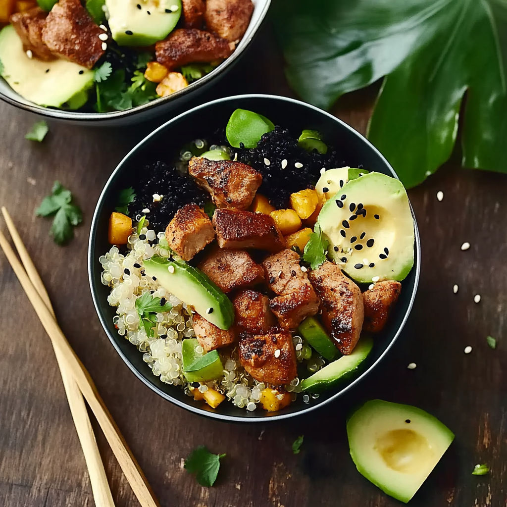 A bowl of food with meat and vegetables.