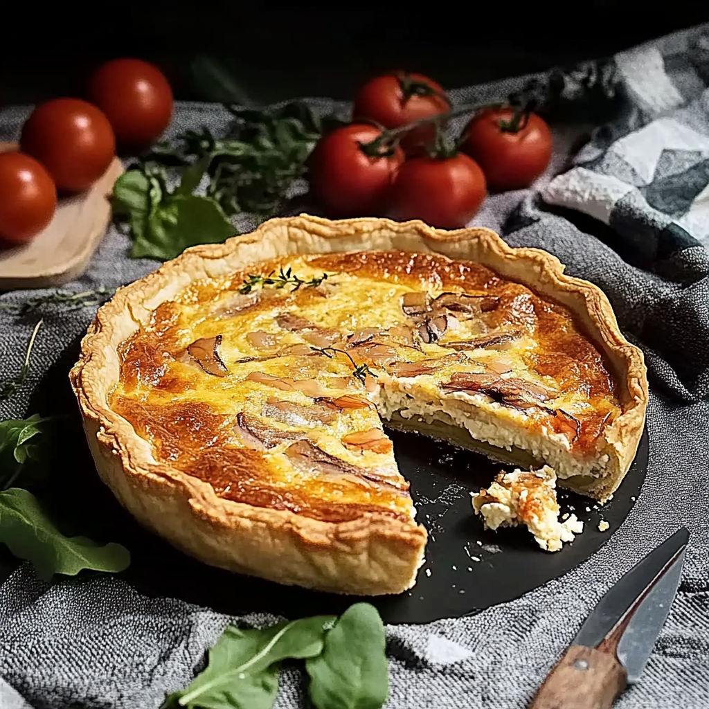 A slice of quiche with mushrooms and cheese.