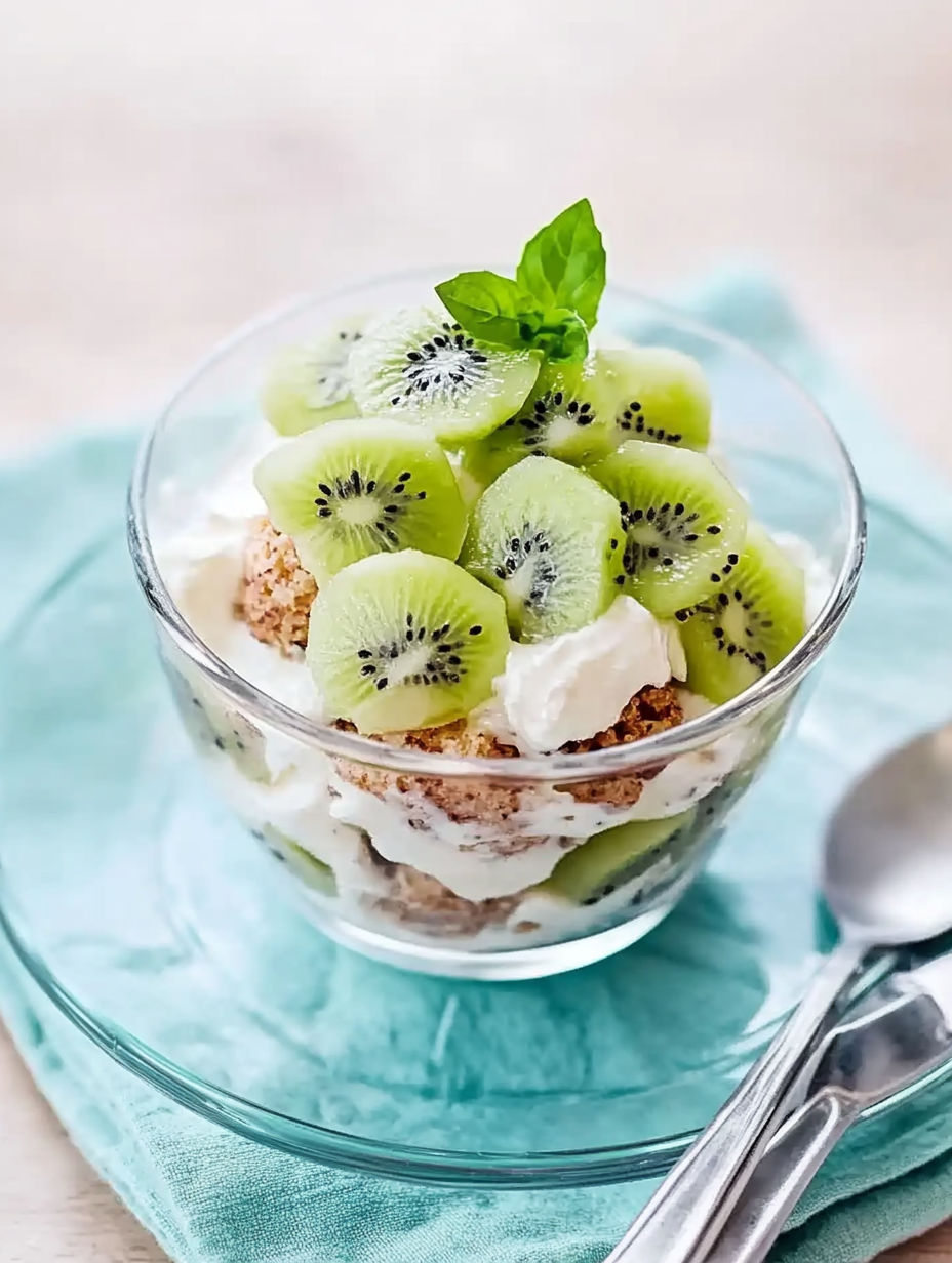 A glass bowl filled with kiwi fruit and whipped cream.