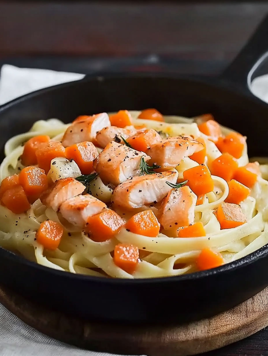 A pan of food with chicken and carrots.