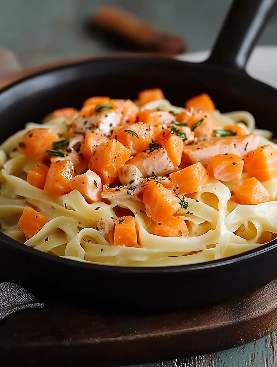 A bowl of pasta with chicken and carrots.