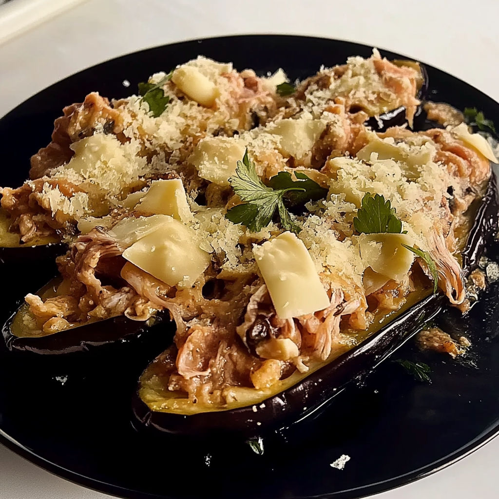 A plate of food with aubergines farcies au thon.