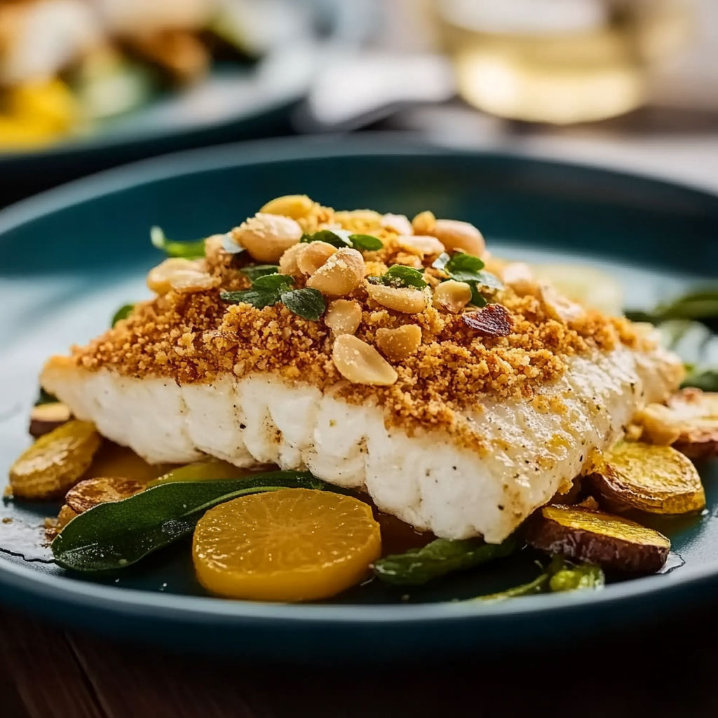 A plate of food with fish, vegetables, and nuts.