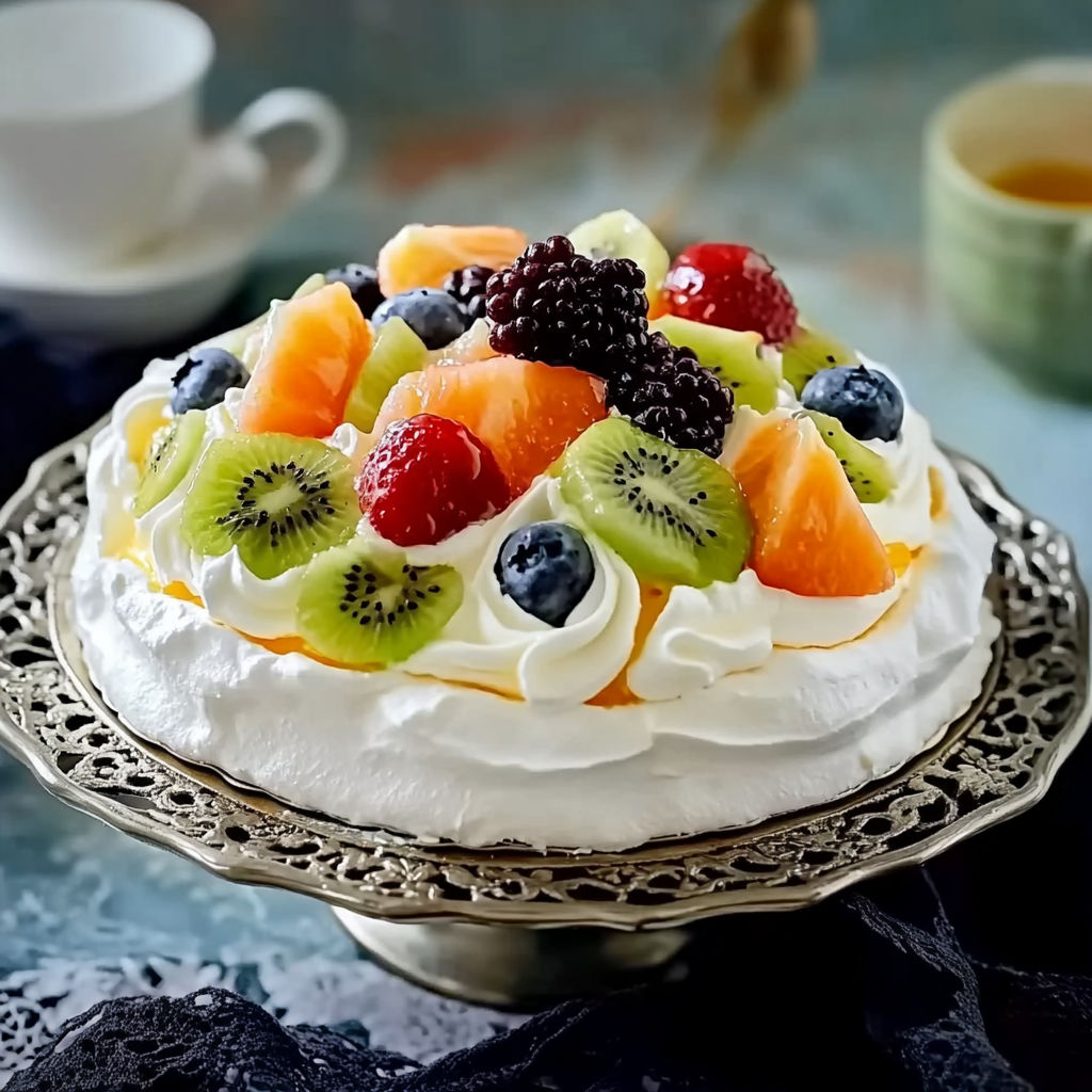 A dessert with kiwi, strawberry, blueberry, and raspberry on top.