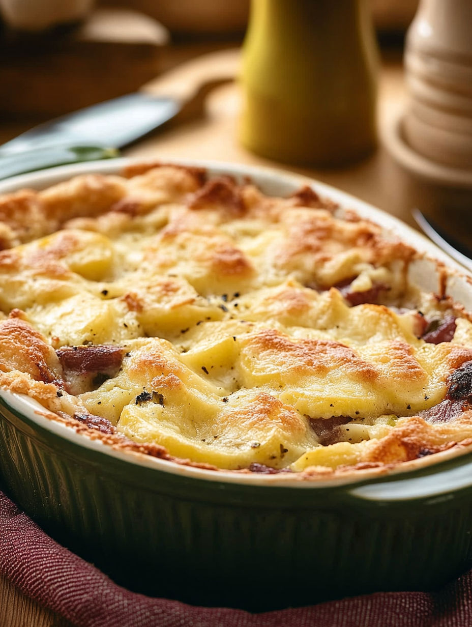 A casserole dish filled with cheese and potatoes.