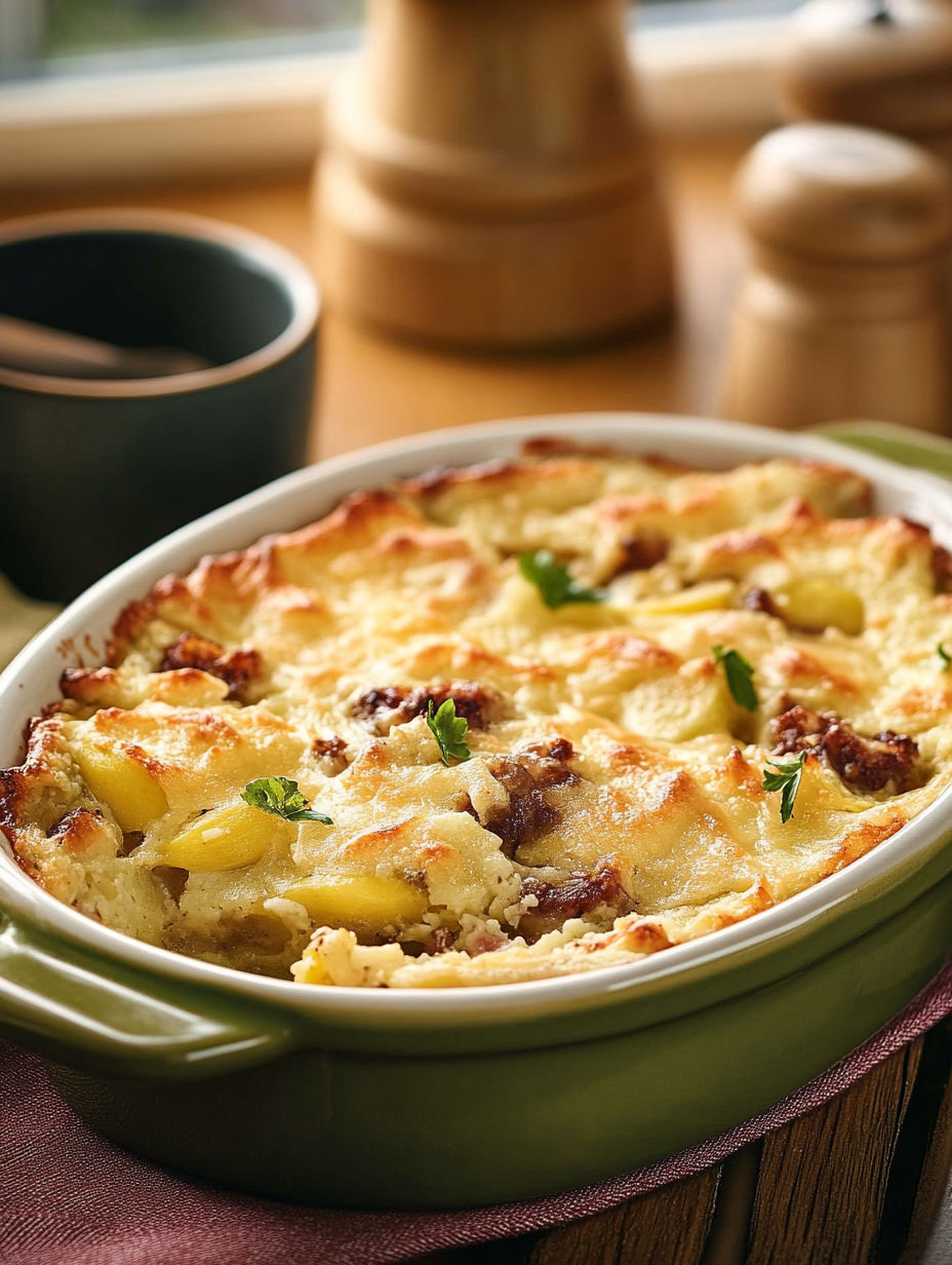 A white bowl with a casserole in it.