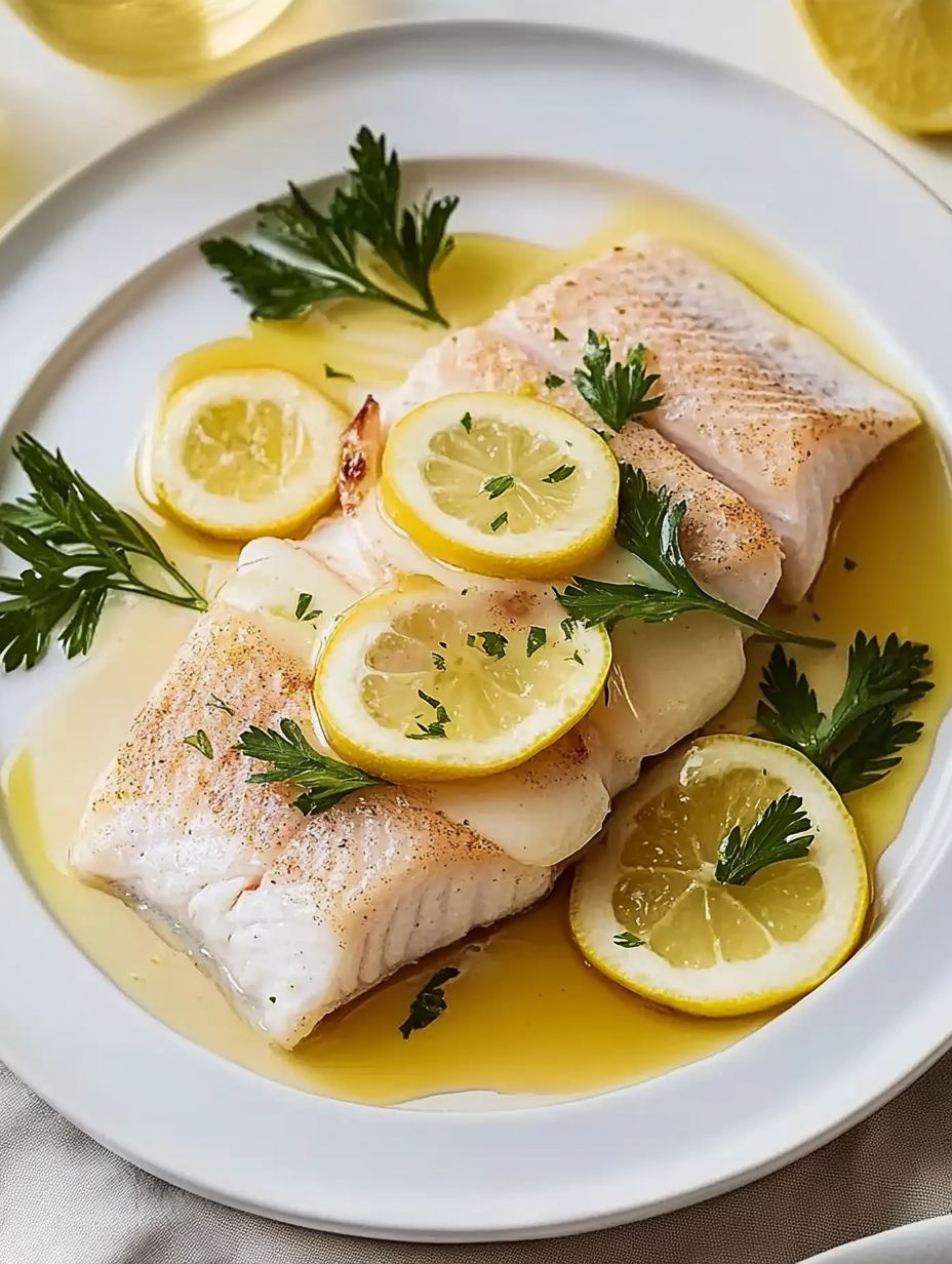 A plate of fish with lemon slices on top.