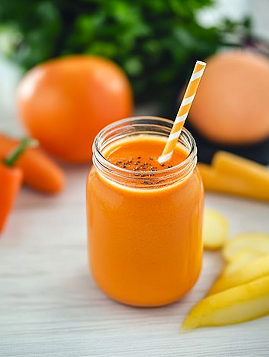 A glass of orange juice with a straw in it.