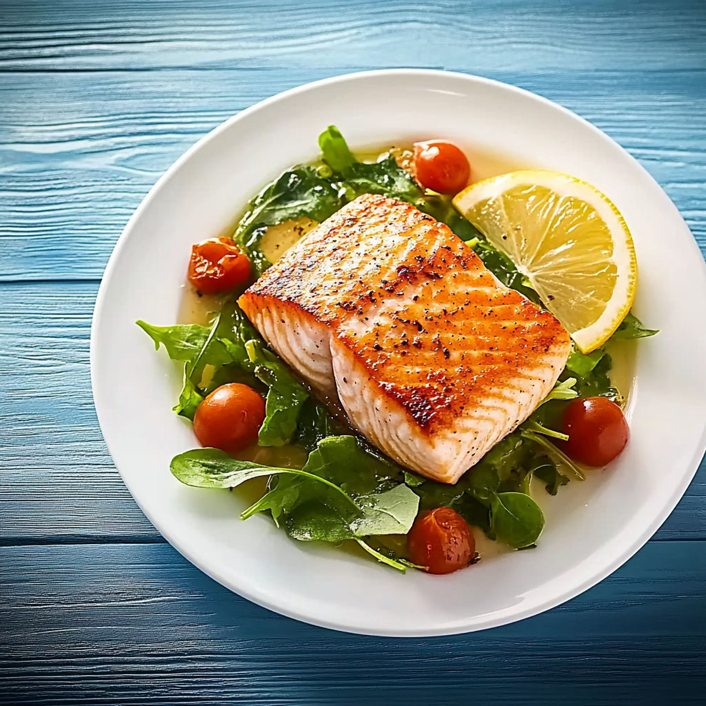 A plate of food with a salad and a piece of fish.