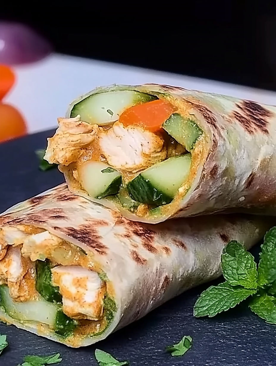 A wrap with chicken, cucumber, and carrots.