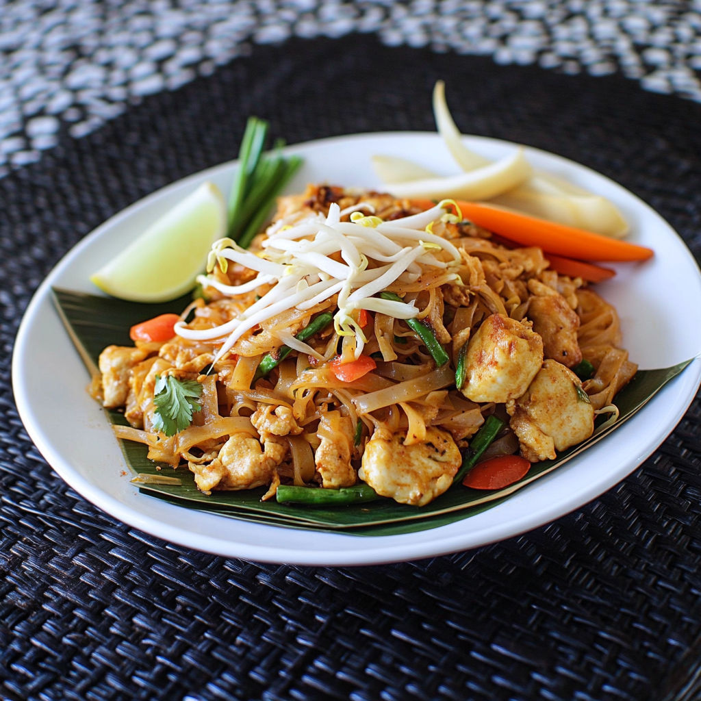 A plate of Pad Thai with vegetables.