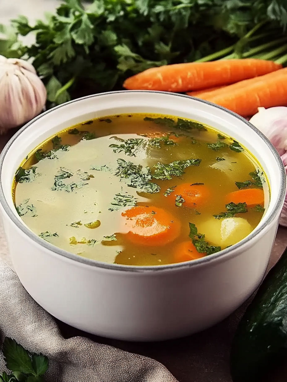 A bowl of soup with carrots and herbs.