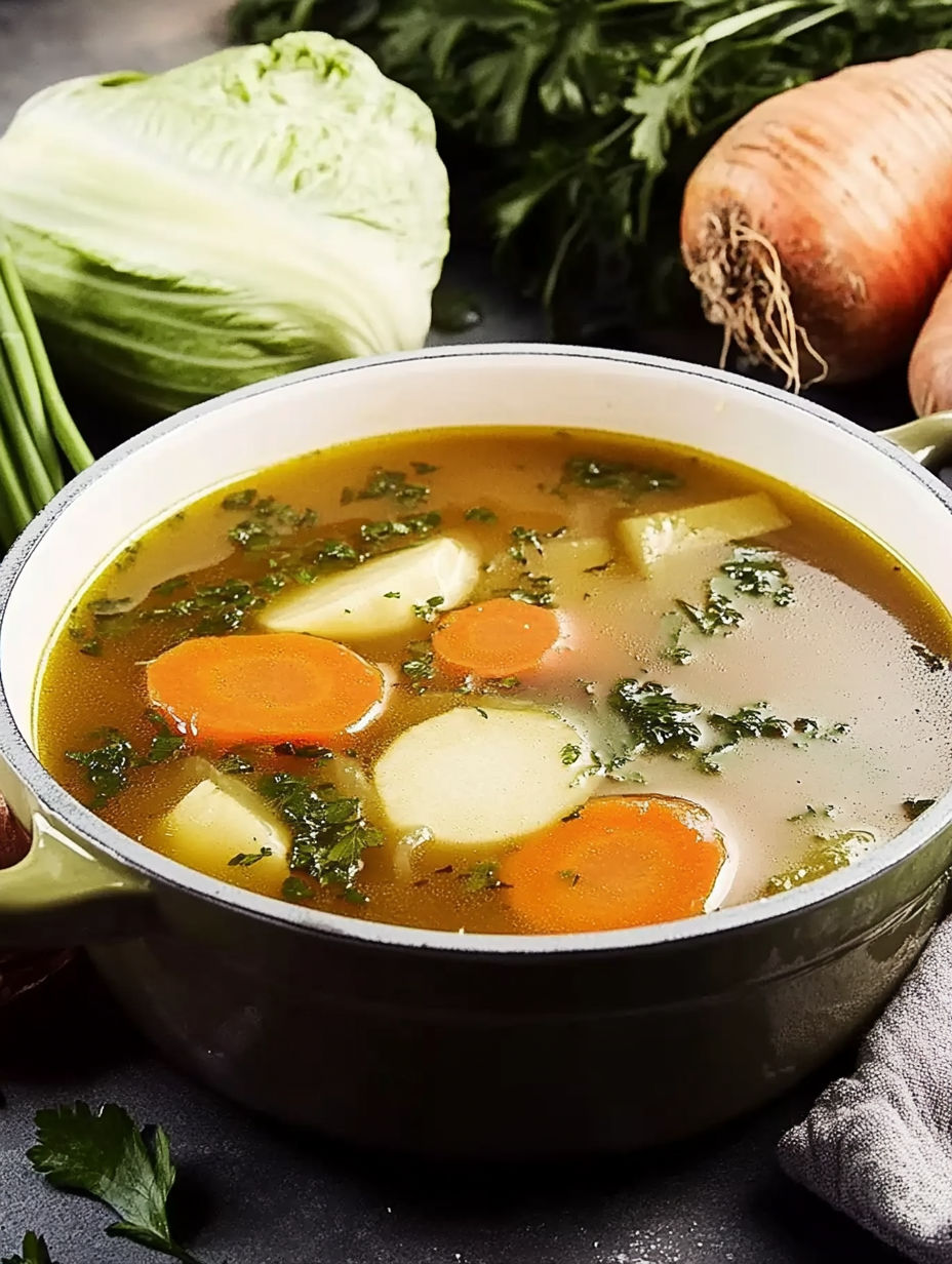 A bowl of soup with carrots and other vegetables.
