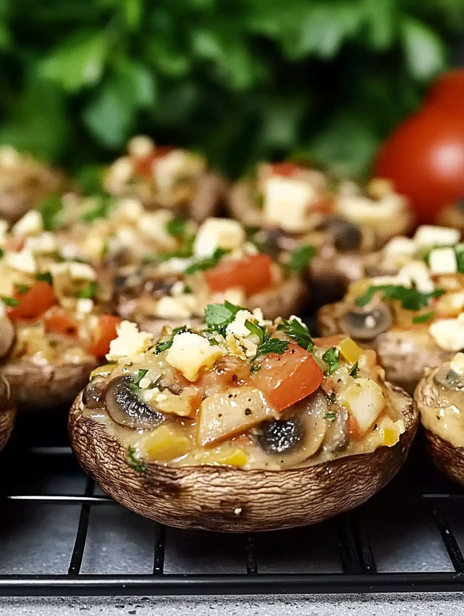 Mushrooms stuffed with tomatoes and cheese.