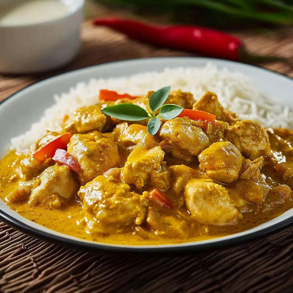 A plate of chicken curry with rice.