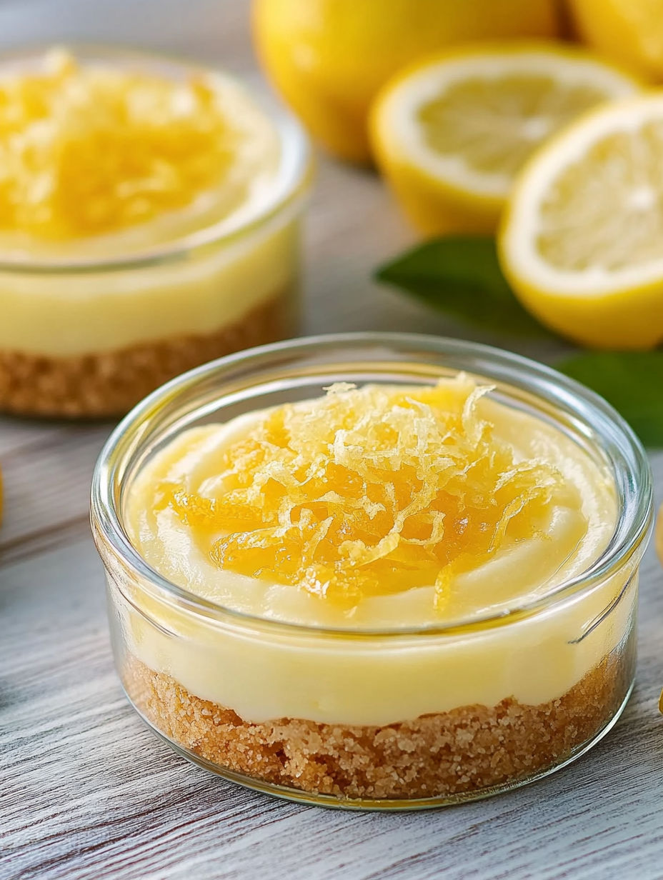 A dessert with a yellow sauce and a lemon wedge on top.