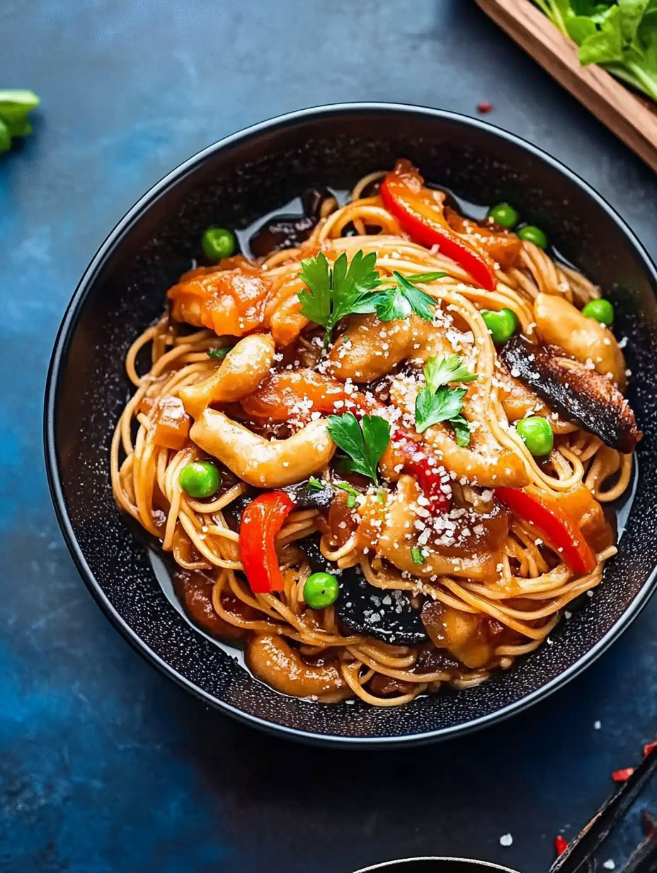 A bowl of food with noodles and peppers.