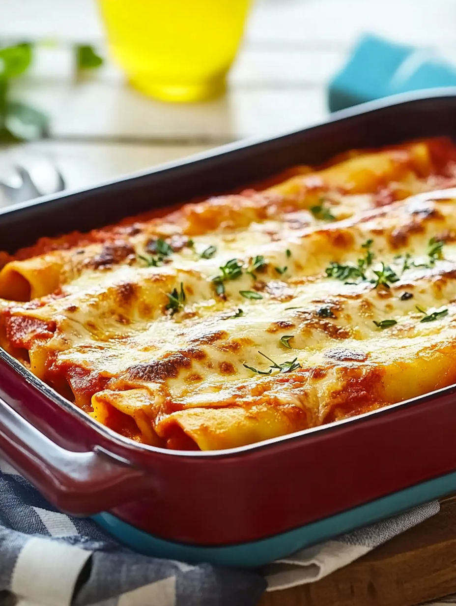 A dish of lasagna with cheese and herbs.