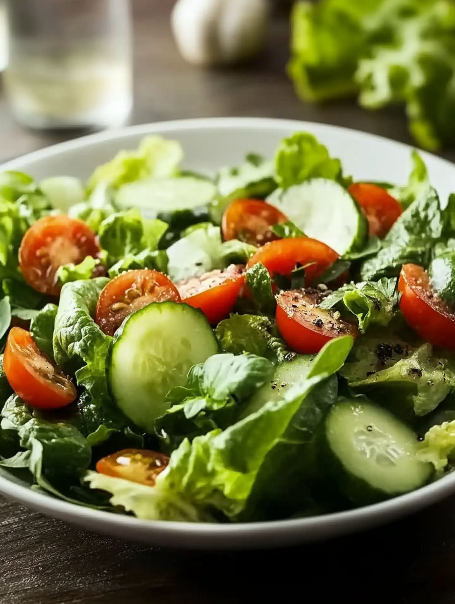 A white bowl filled with a salad containing cucumbers, tomatoes, and lettuce.