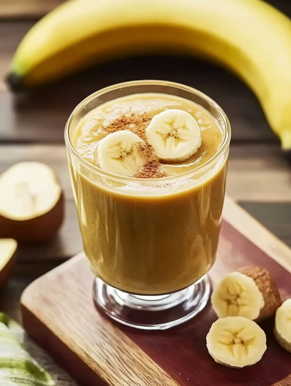 A glass of banana smoothie with banana slices on top.