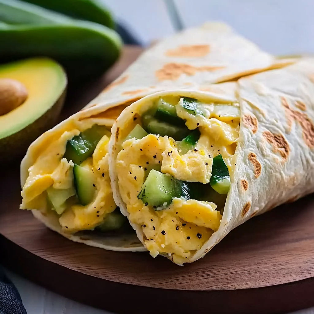 A wrap with eggs, cucumber, and avocado.