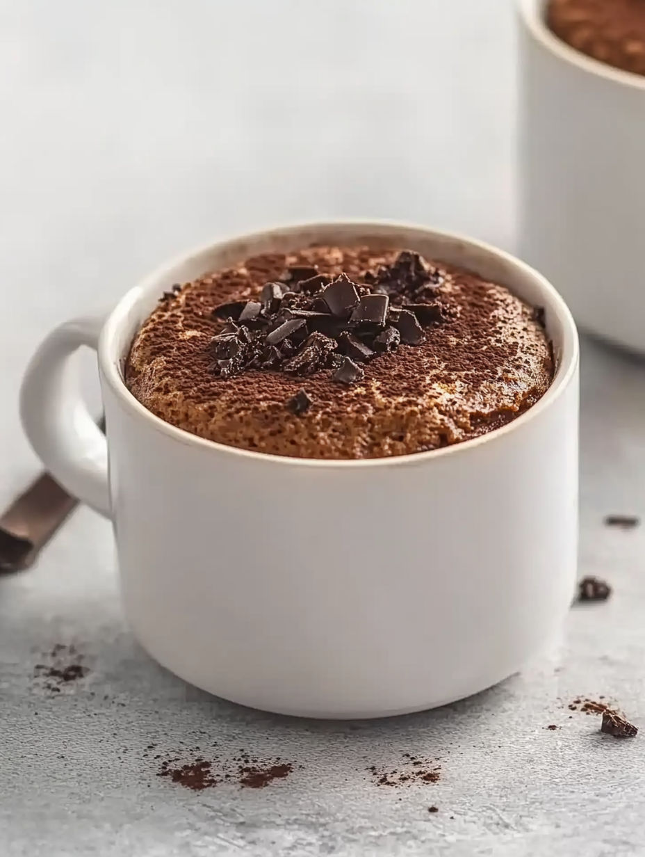 A cup of chocolate mug cake with chocolate chips on top.