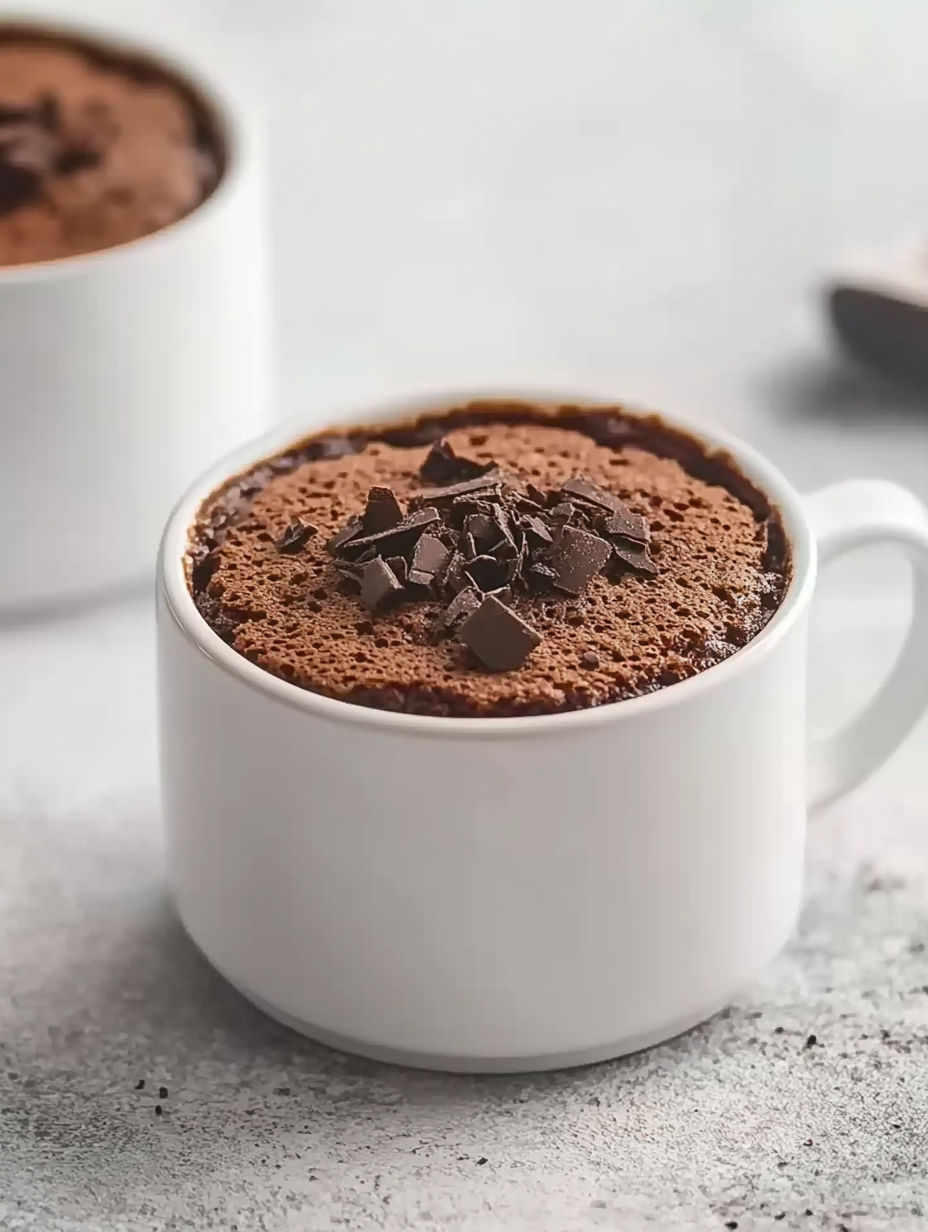A cup of chocolate cake with chocolate chips on top.