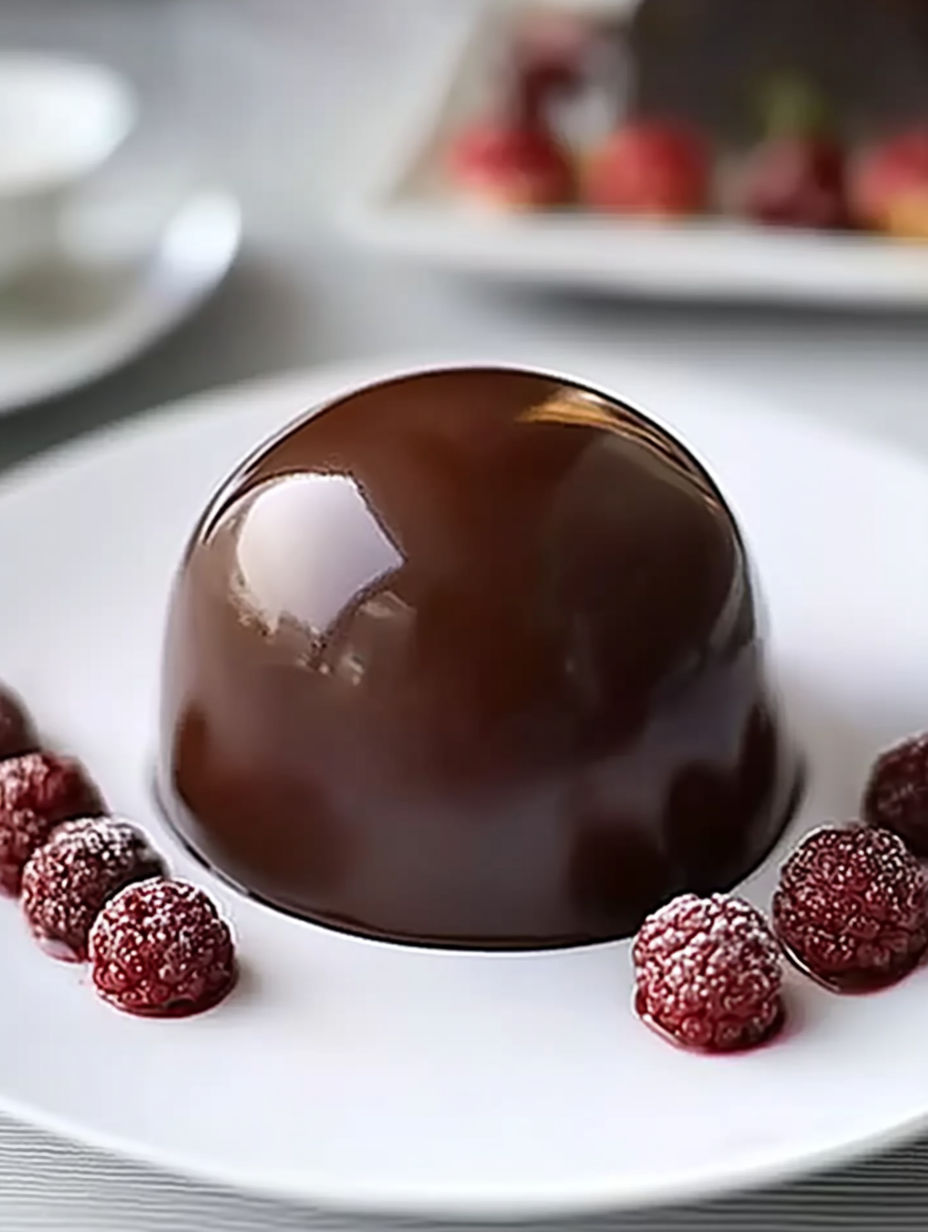 A chocolate dessert with raspberries on top.