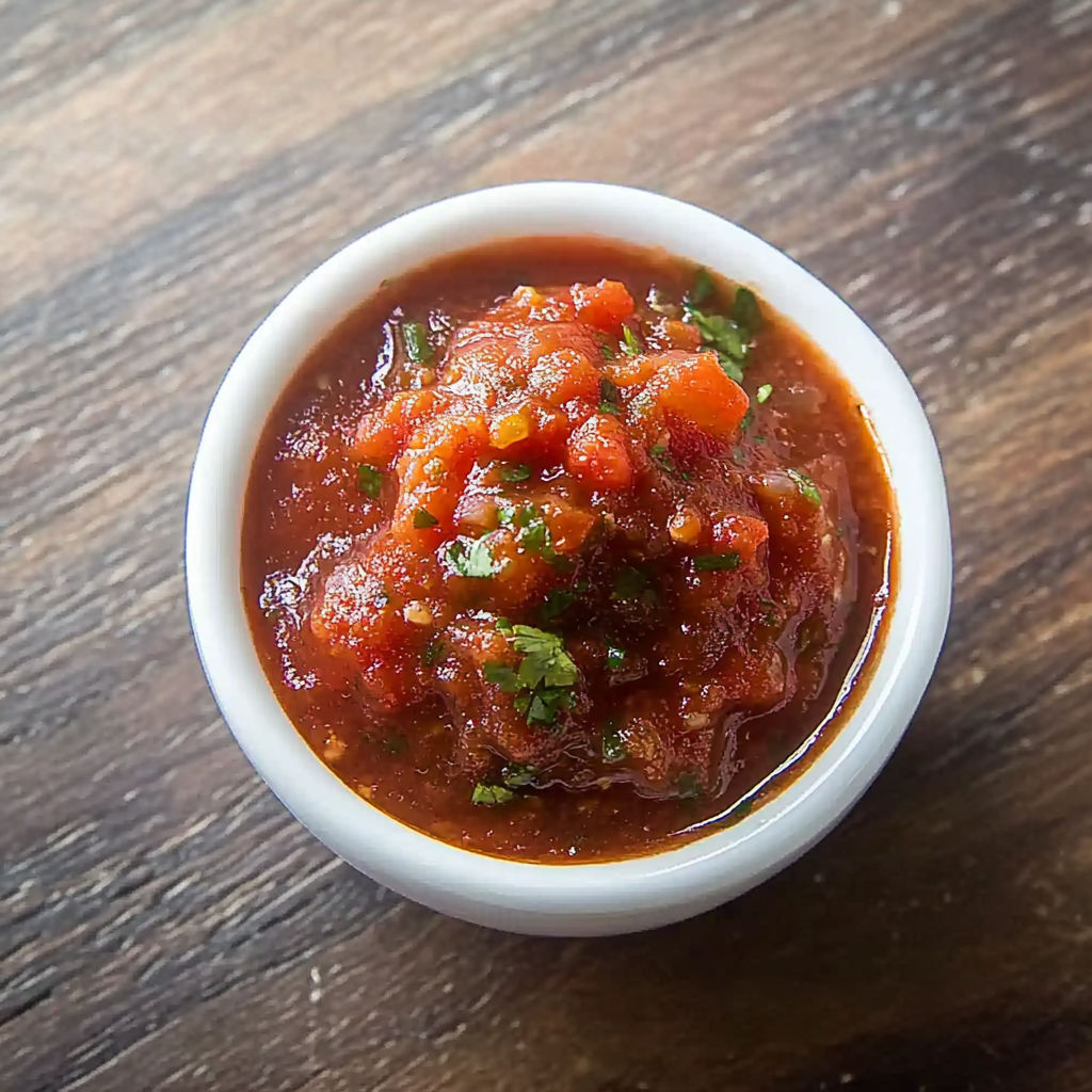 A small white bowl of red sauce.
