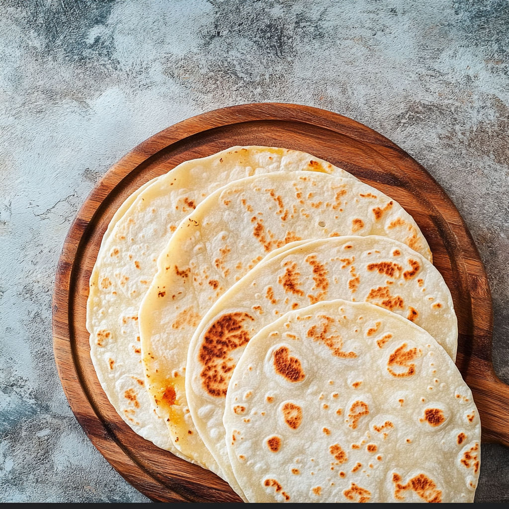 Three tortillas on a wooden platter.