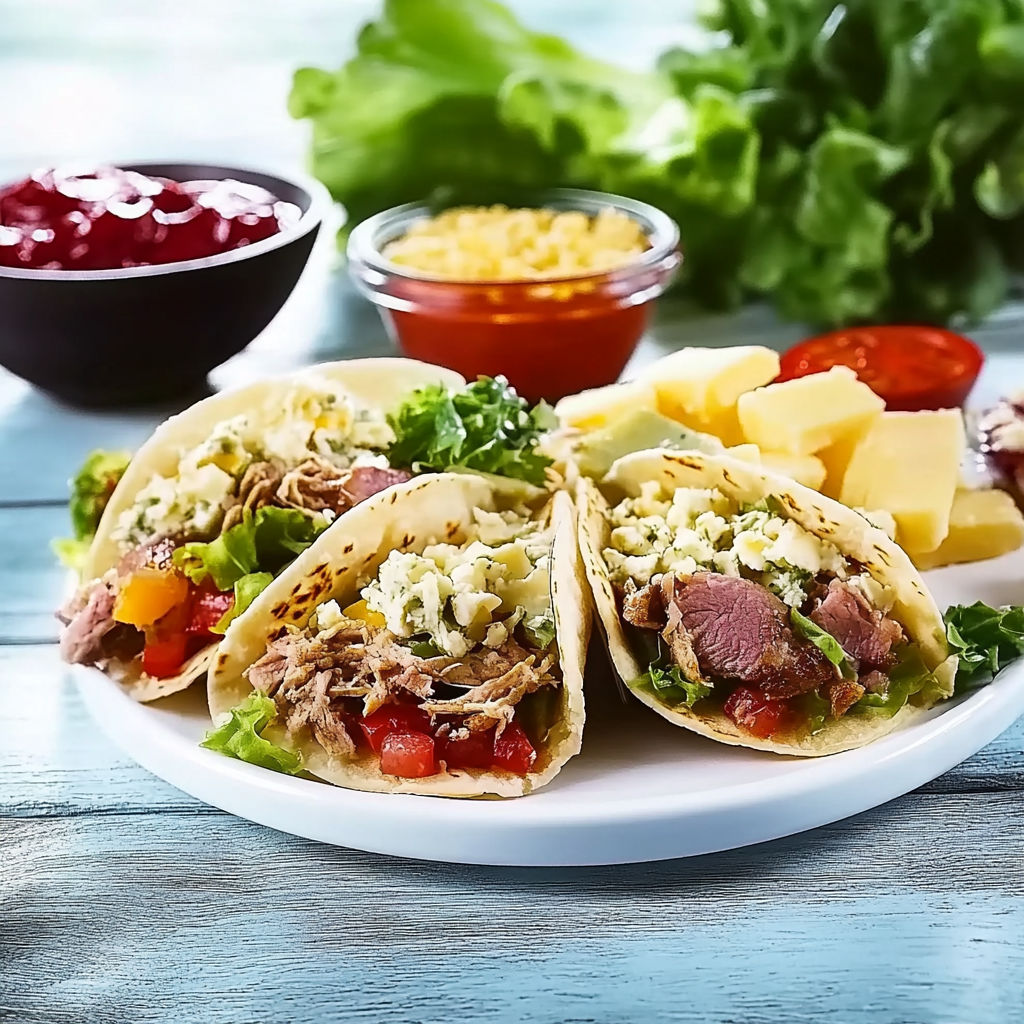 A plate of tacos with meat, lettuce, and cheese.