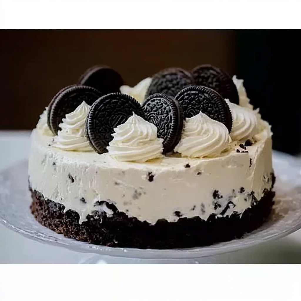 A slice of cake with white frosting and black and white cookies on top.