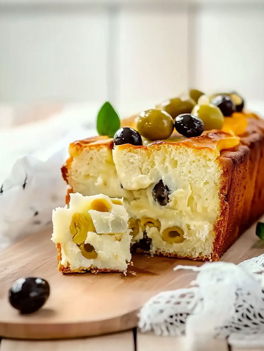 A slice of cake with olives on top.