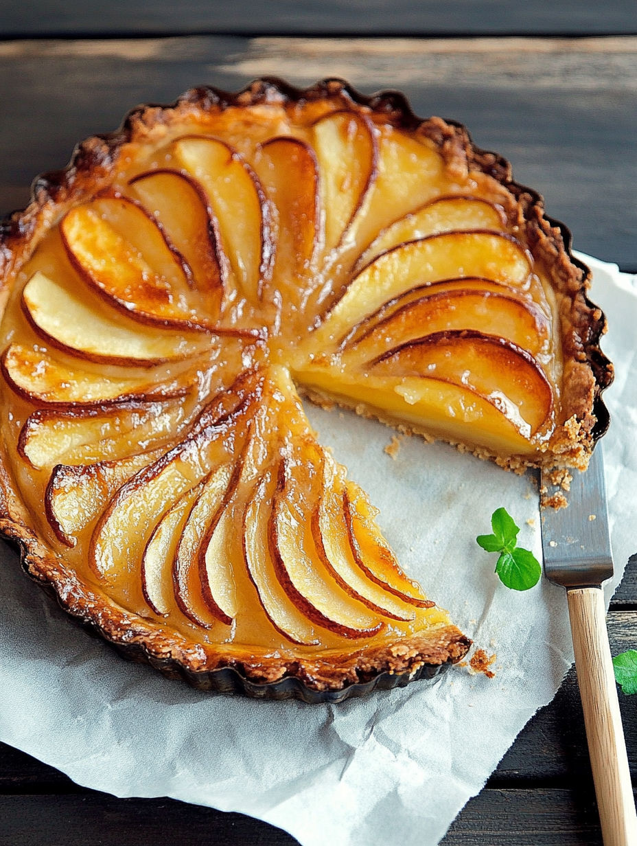 A slice of apple pie with a leaf on top.
