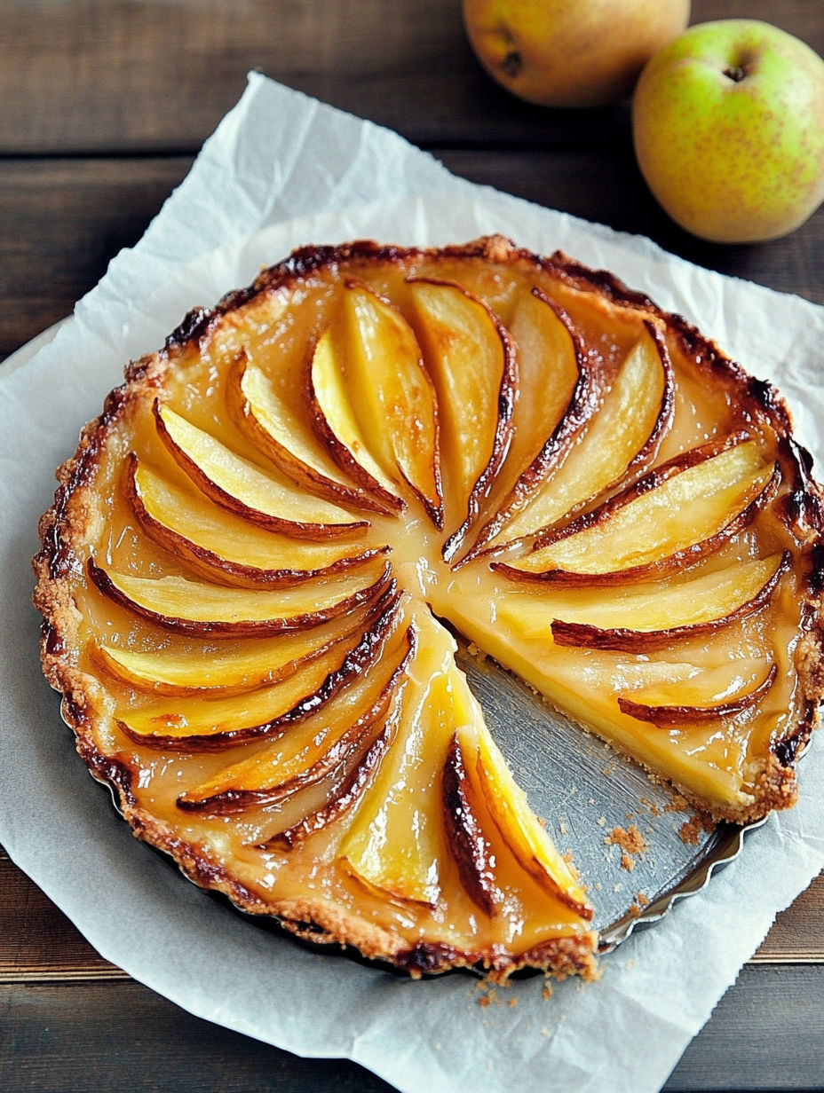 A slice of pie with a golden crust and a piece missing.