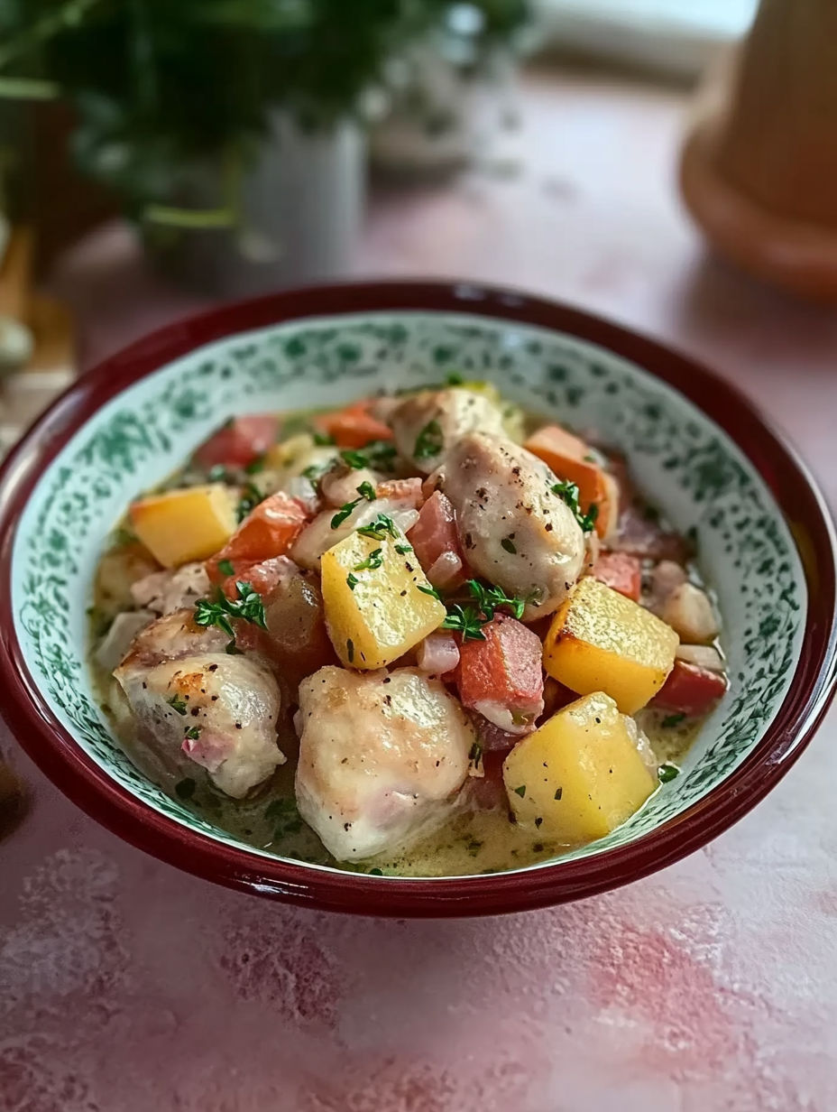 A bowl of food with chicken and vegetables.