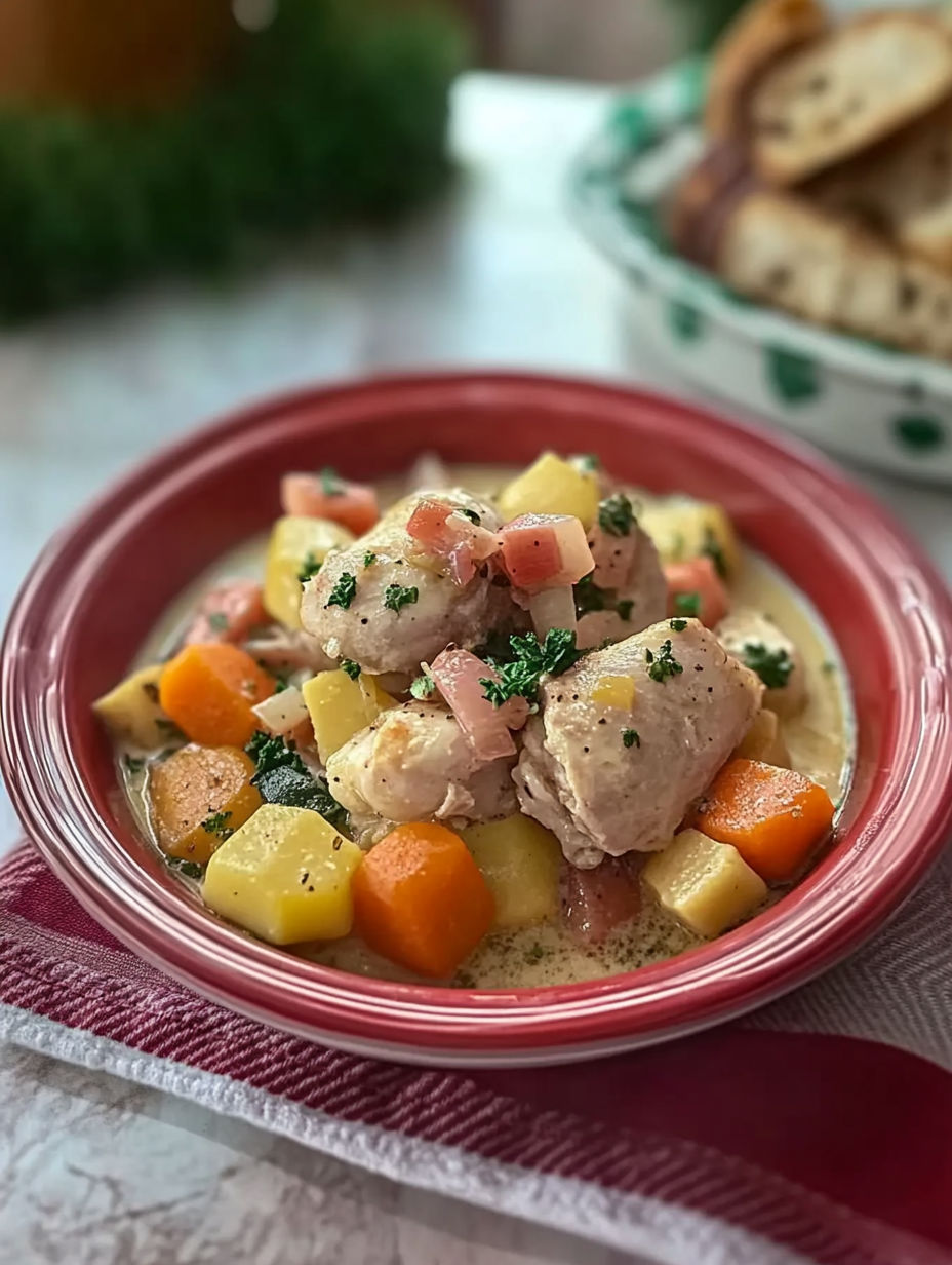 A bowl of food with meat and vegetables.