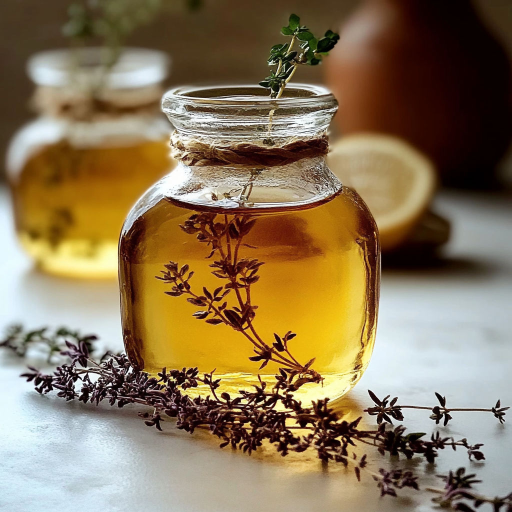 A bottle of Sirop de Thym with a lemon wedge on top.
